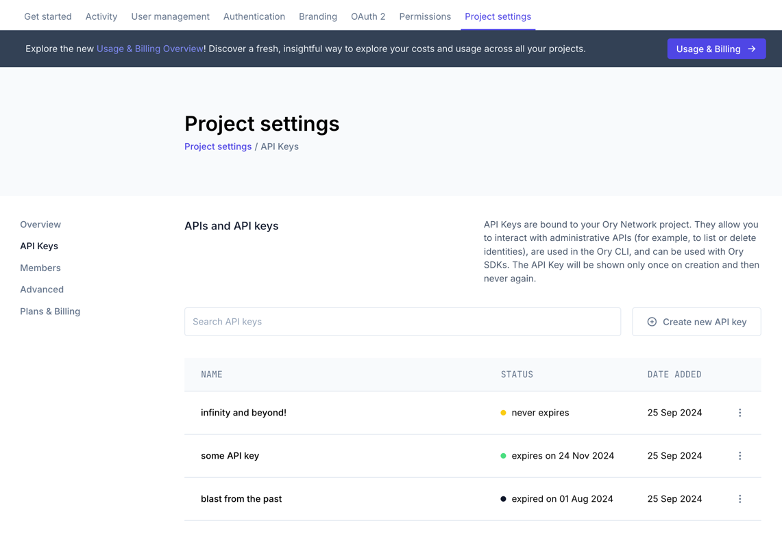 Configure project API keys in the Ory Console